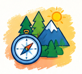 Illustration of a compass, pine trees, a mountain with snow, and a bright sun.