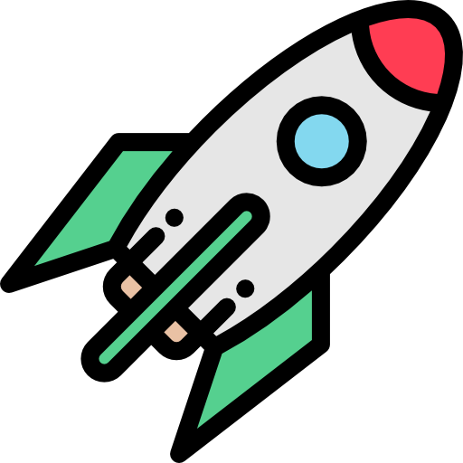 A cartoon-style rocket ship with a red nose, blue window, and green fins against a black background.