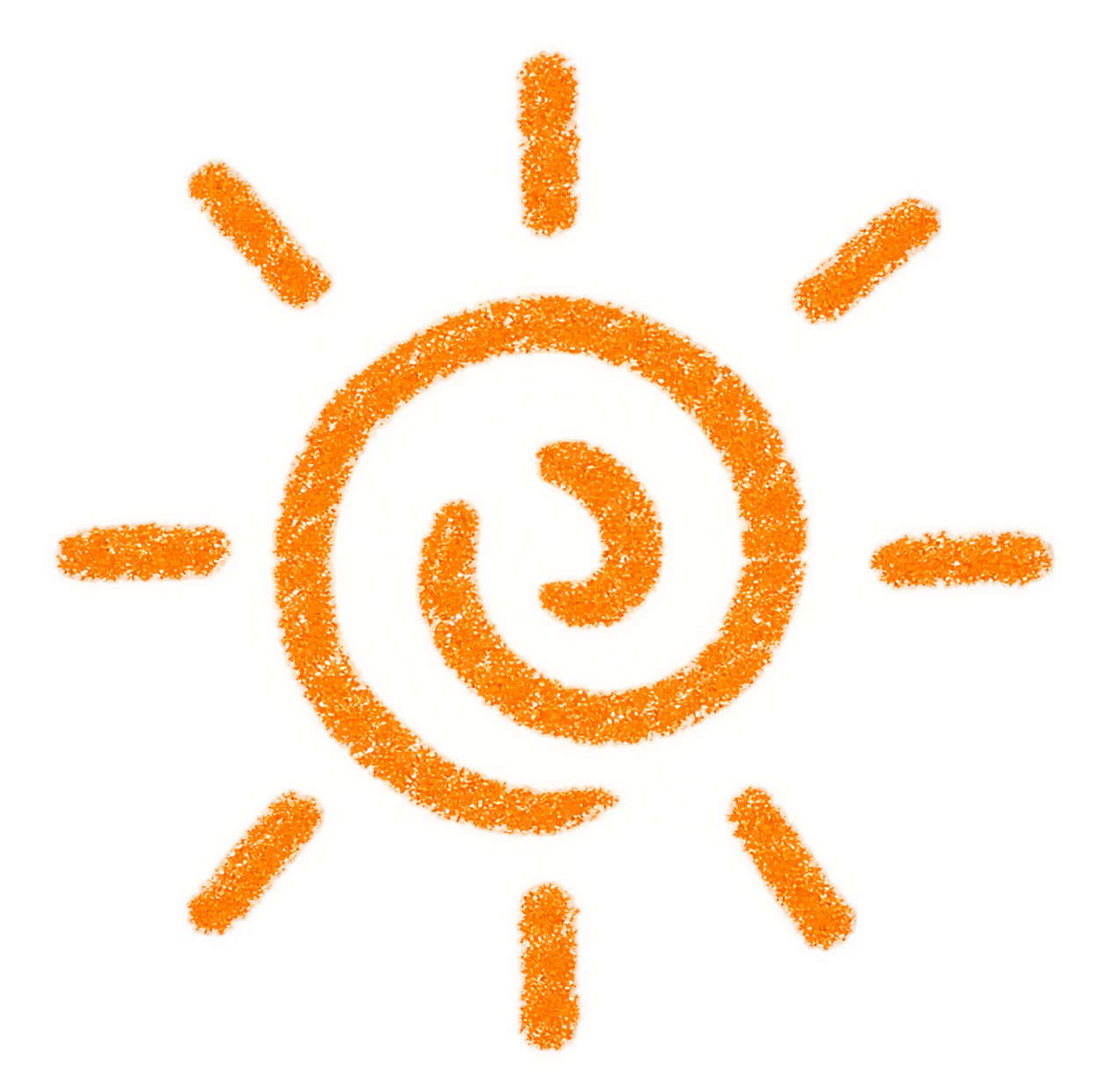 A spiral-shaped orange gummy candy at the center with elongated orange gummies radiating outward, all set against a yellow background.