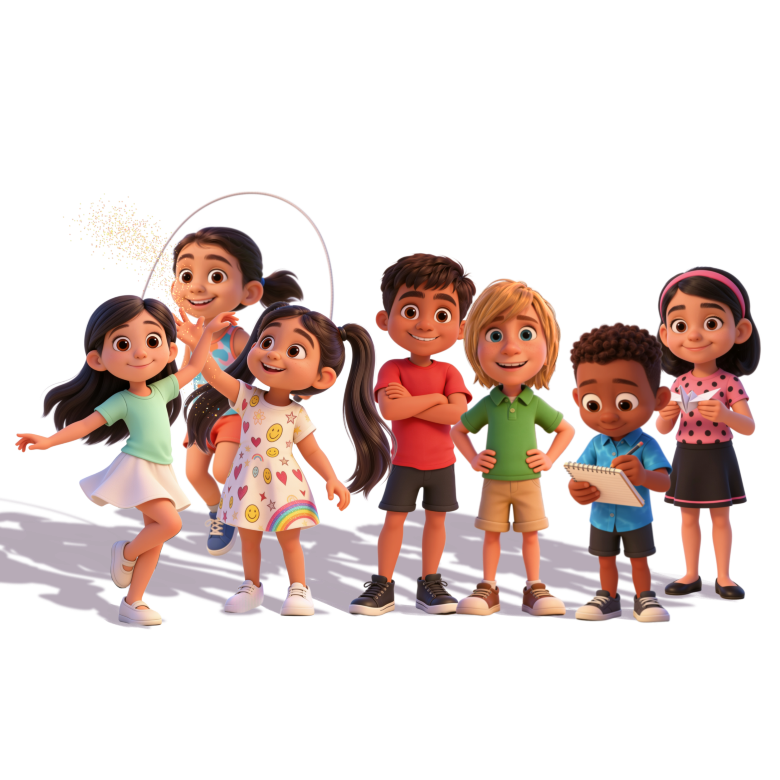 Group of animated children smiling and standing together, with one girl reaching out, wearing colorful clothes, against a plain background.