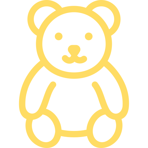 A yellow outline cartoon image of a teddy bear with rounded ears and simple facial features.