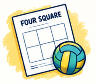 Illustration of a four-square game board with a volleyball in front of it.