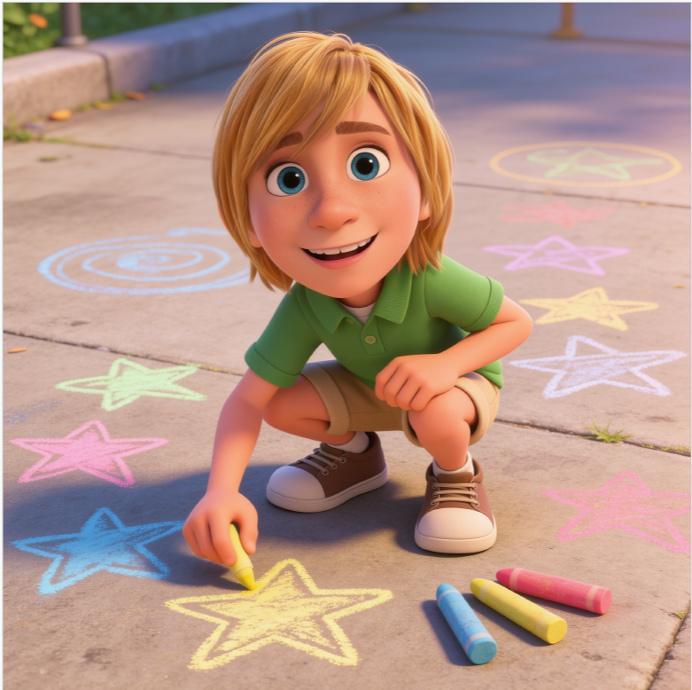 A young boy with blonde hair and blue eyes drawing with yellow chalk on a sidewalk, surrounded by colorful chalk stars and spirals, smiling happily.