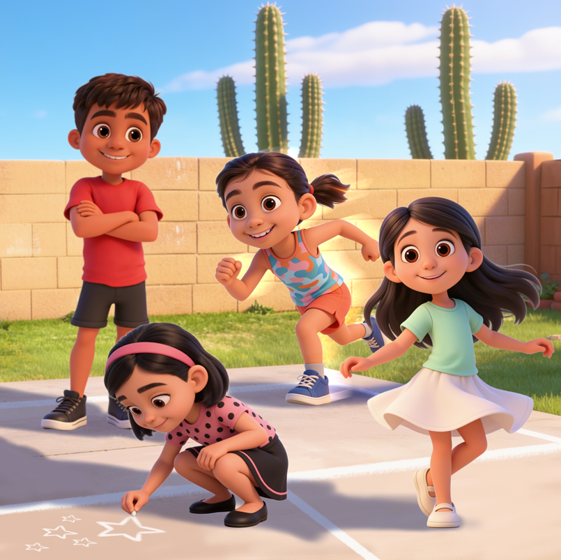 Four children playing hopscotch outdoors, with cacti and a brick wall in the background.