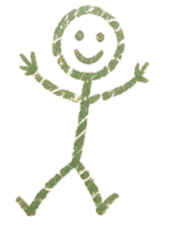 Child's crayon drawing of a smiling stick figure with outstretched arms and legs