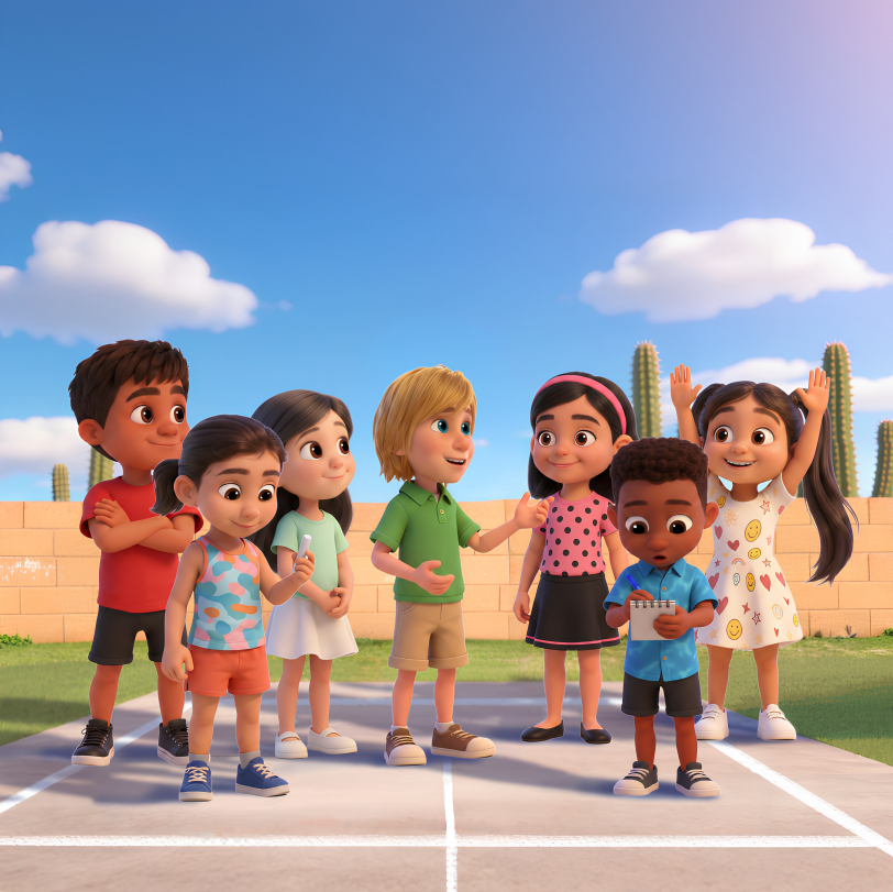 Seven children standing on a tennis court with a blue sky and clouds overhead, some smiling and one girl raising her hands.