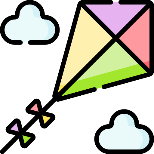 Colorful illustration of a diamond-shaped kite with four different colored sections, flying among two light blue clouds and smaller triangular kites in pink, yellow, purple, and green.