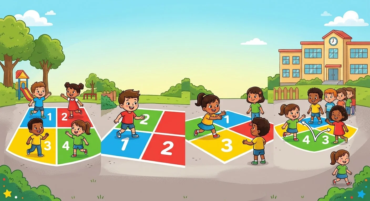 Children playing hopscotch in a school playground with a school building in the background. The hopscotch court has numbered and color-coded sections, and children are taking turns hopping through the game.