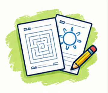 Open notebook with maze puzzle and another with a sun drawing, alongside a yellow pencil with a red eraser on a green background.