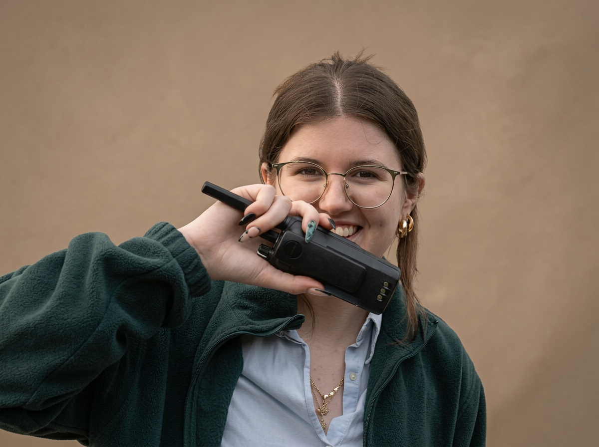 A young woman with glasses and gold hoop earrings smiling while holding a walkie-talkie up to her mouth.