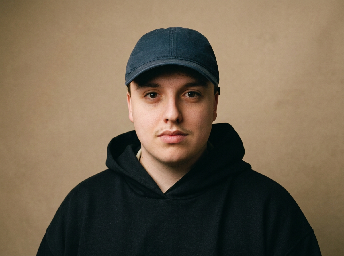 A young man wearing a dark baseball cap and a black hoodie, looking directly at the camera against a plain beige background.