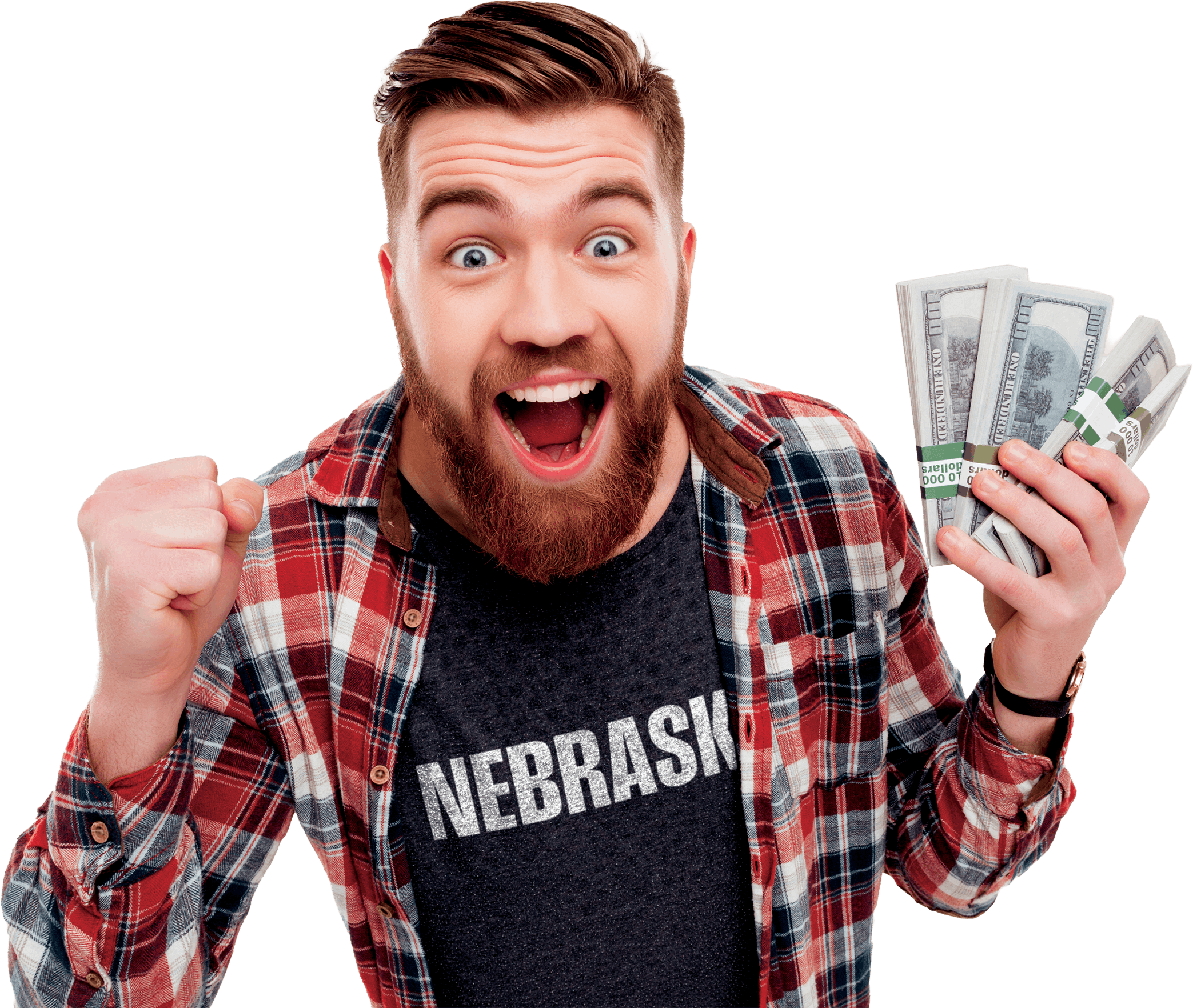 A man with a beard and brown hair holding several bundles of hundred-dollar bills, smiling excitedly with clenched fists.