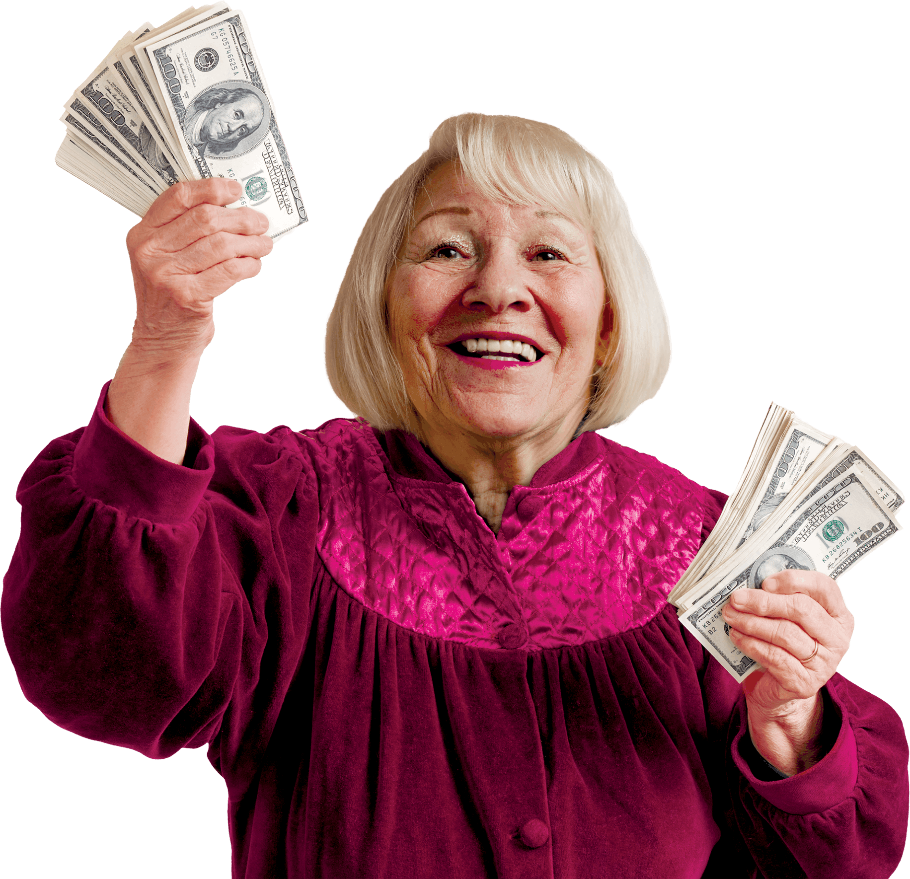 An elderly woman with blonde hair, smiling and wearing a maroon velvet top, holding fan of U.S. hundred dollar bills in her right hand and a bundle of bills in her left hand.