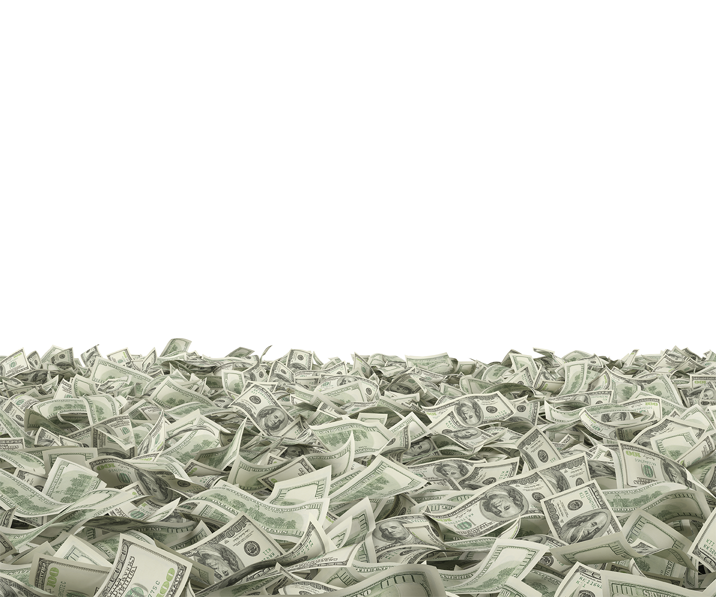 A large pile of scattered US dollar bills on a black background.