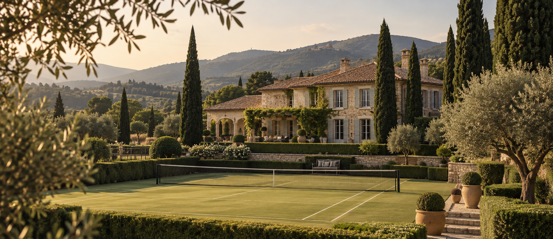 Une maison en pierre avec un jardin luxuriant et des arbres, un terrain de tennis en première plan, avec des collines en arrière-plan, au coucher du soleil.