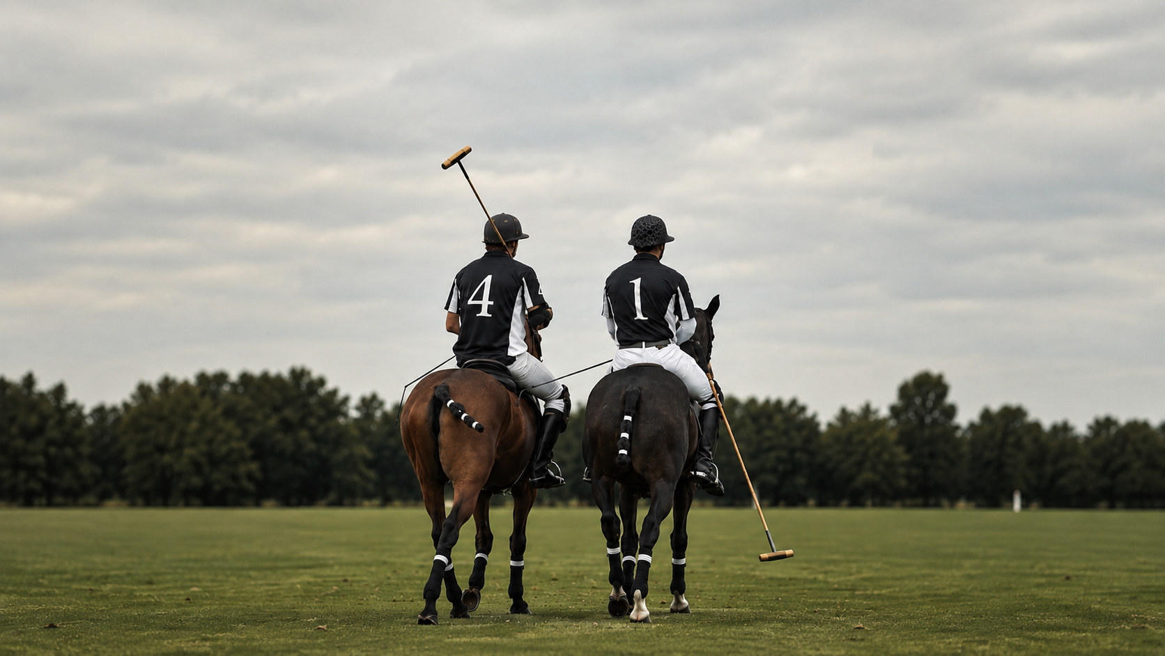 Deux joueurs de polo à cheval, portant des maillots noirs avec les numéros 4 et 1, jouent ensemble sur un terrain de polo verdoyant, ciel nuageux en arrière-plan.