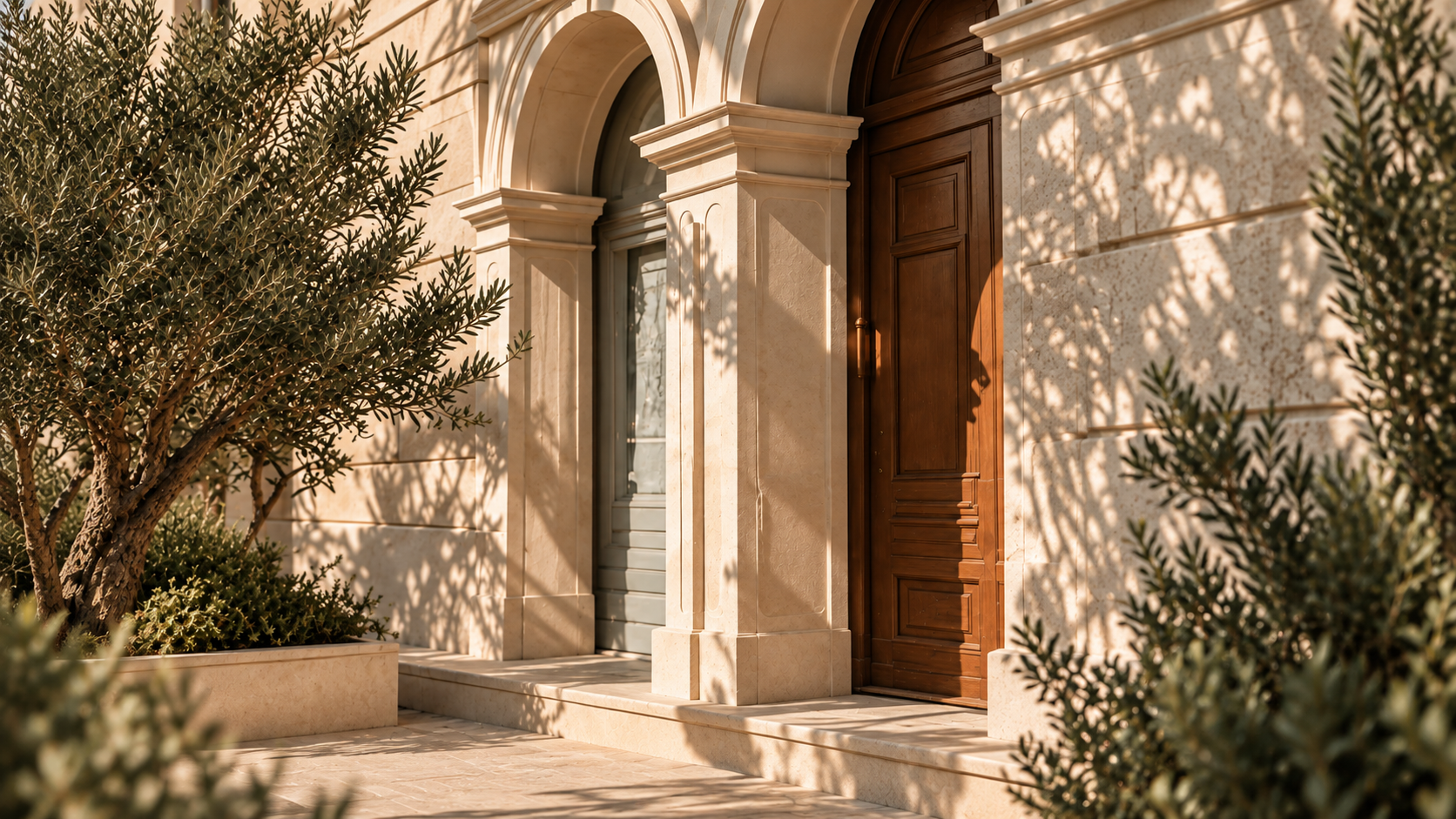 Façade d'une maison avec porte en bois et arches, entourée d'arbustes et d'ombres projettées par le soleil