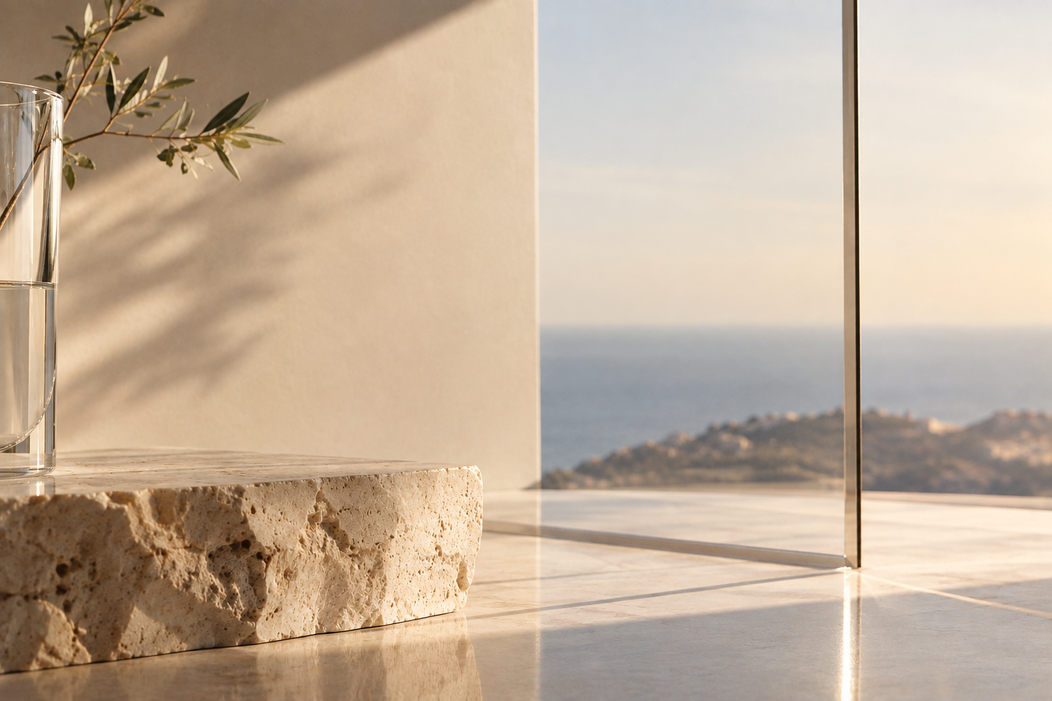 Vase en verre avec des branches d'olivier, posé sur une table en marbre dans une pièce lumineuse avec vue sur la mer et un ciel clair.
