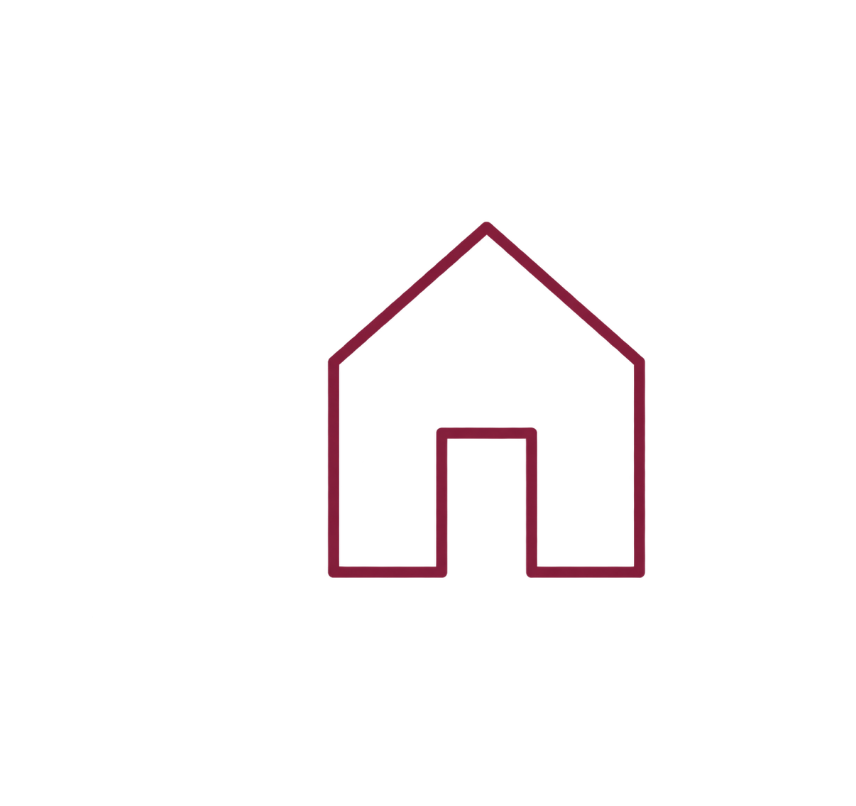 Icône de maison stylisée en lignes rouges sur fond noir.