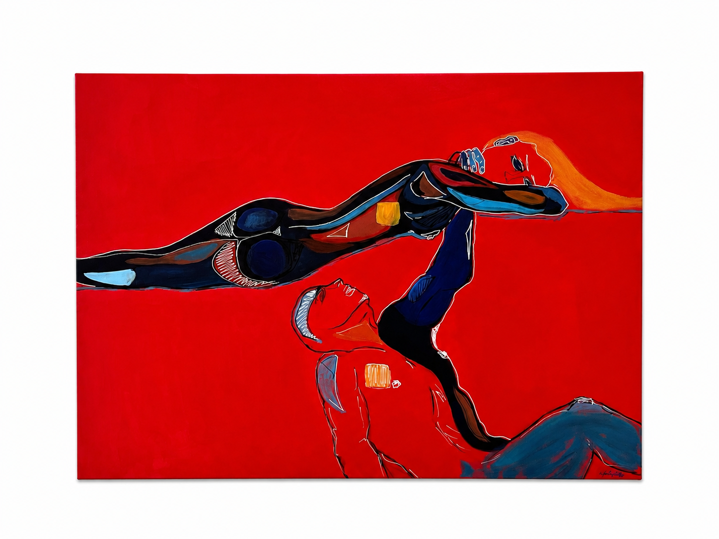 A colorful abstract painting of a swimmer in a red swimsuit with the Olympic rings on it, holding an orange ball while floating on a red background.