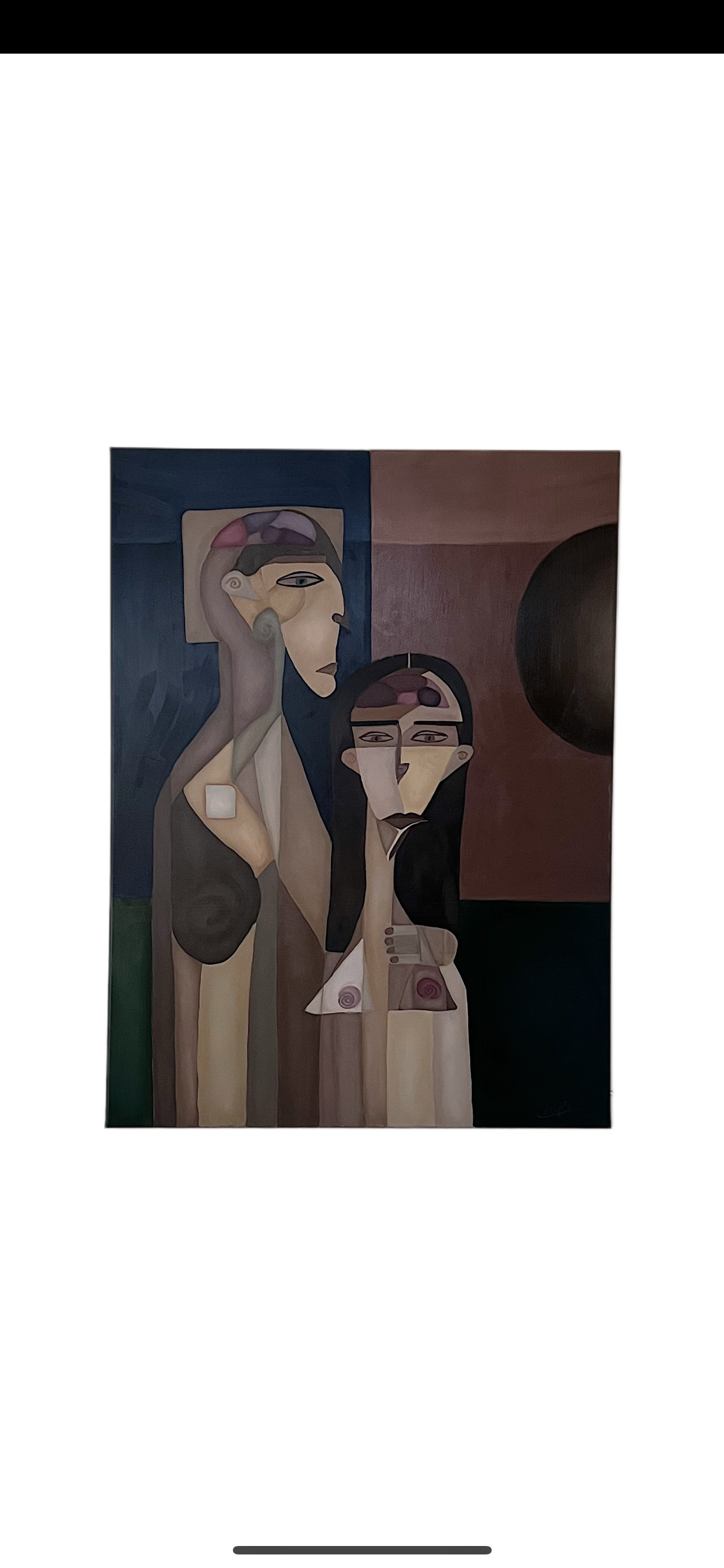 Abstract Cubist painting of two elongated human figures with stylized facial features, set against geometric background with dark circle.