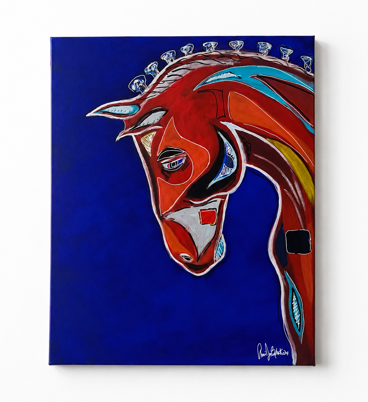 Abstract painting of a horse's head with a blue background, using red, white, black, yellow, and blue colors, featuring bold lines and stylized shapes.