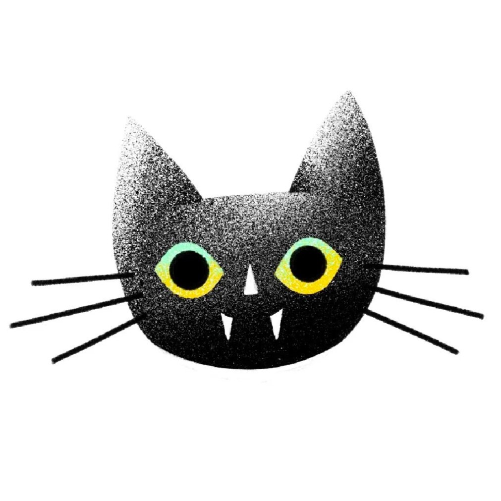 Une illustration d'une tête de chat noire avec un aspect de carnaval ou Halloween, avec des yeux verts et jaunes, un petit nez blanc, des dents pointues, et des moustaches noires, sur un fond blanc.