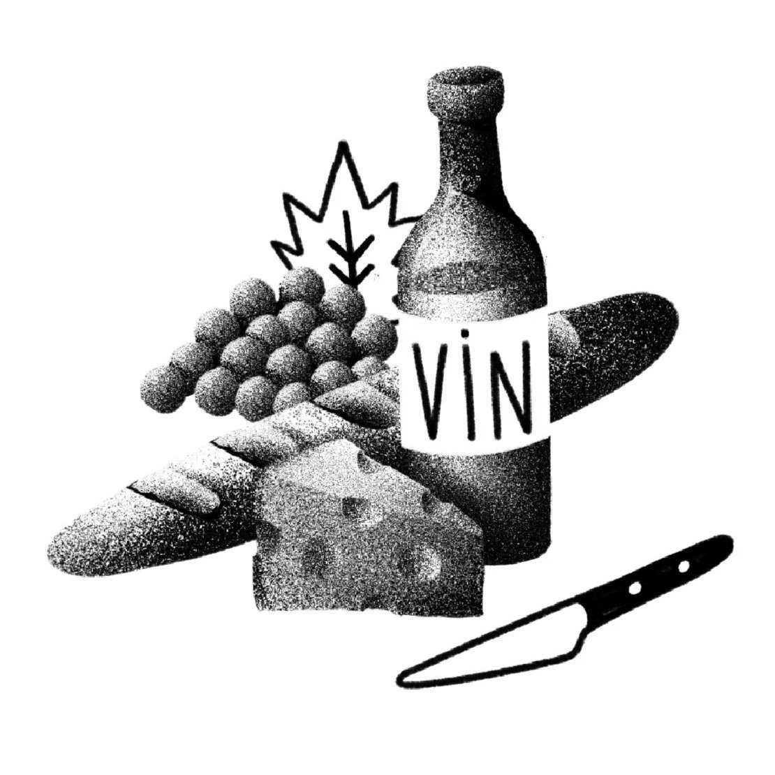 Illustration en noir et blanc d'une bouteille de vin avec l'étiquette 'VÍN', un grappes de raisins, un morceau de fromage, un couteau et un pain, avec un dessin stylisé d'une branche d'arbre en arrière-plan.