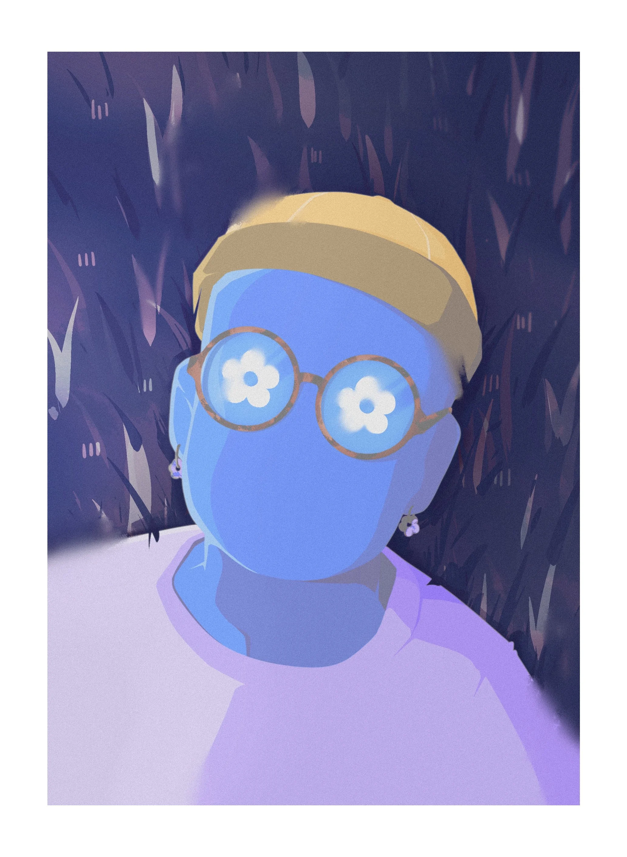Un enfant portant des lunettes rondes réfléchissant des motifs en forme de fleurs, avec un chapeau et des boucles d'oreilles, dans un environnement aux couleurs violettes et sombres.