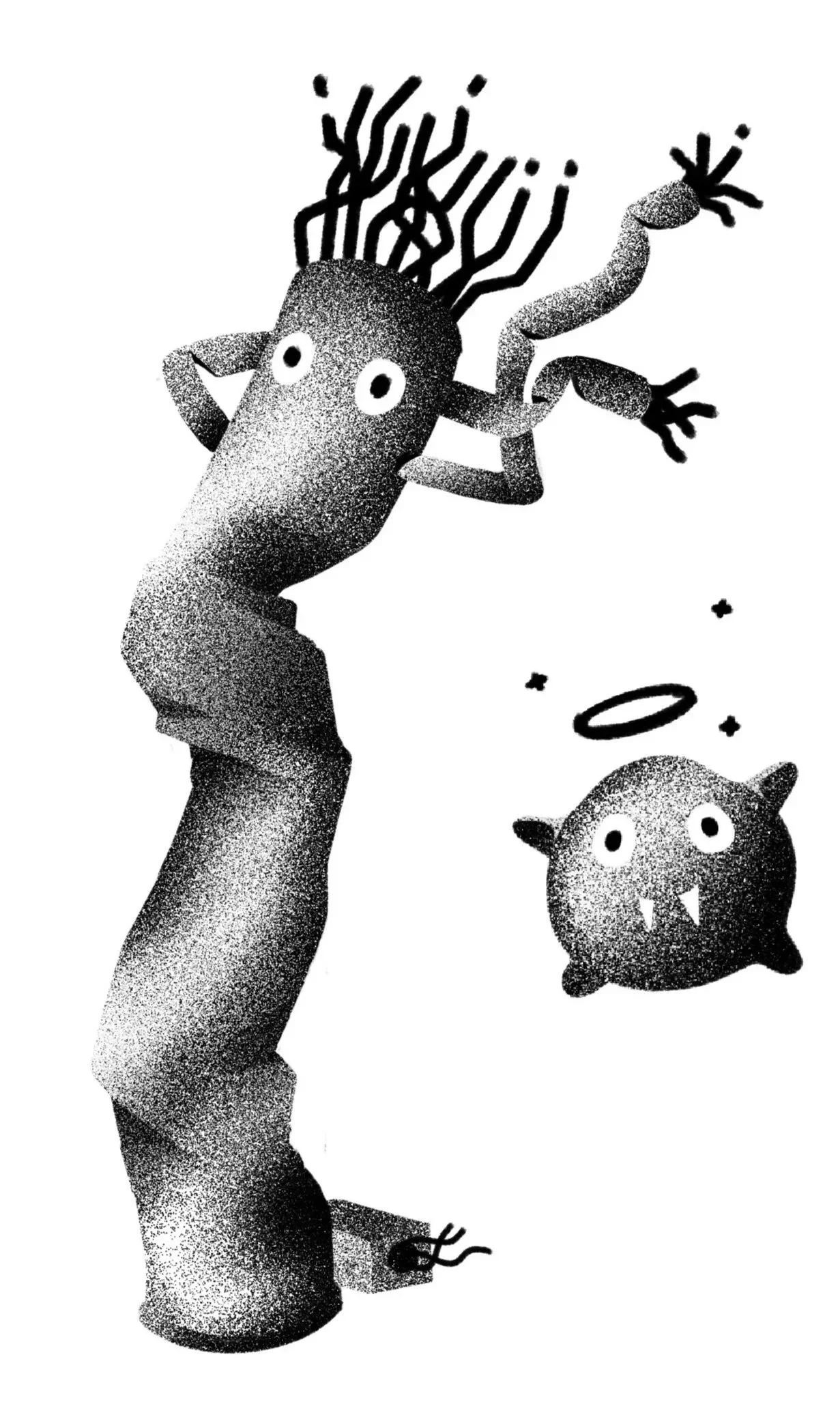 Une illustration en noir et blanc représentant un personnage avec un corps ressemblant à une branche ou un bras courbé, ayant une tête d'animal avec un long nez, de grands yeux et des antennes ressemblant à des cheveux ou des racines. À droite, une créature mignonne et effrayante avec de petites dents pointues, de grands yeux et des oreilles de chat, flottant dans l'air.