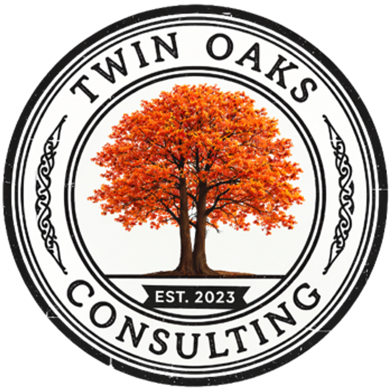 A circular logo for Twin Oaks Consulting, established in 2023, featuring an orange autumn tree at the center