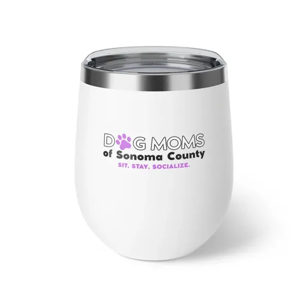 White stainless steel insulated tumbler with silver rim, printed with “Dog Moms of Sonoma County” and “Sip. Stay. Socialize.”