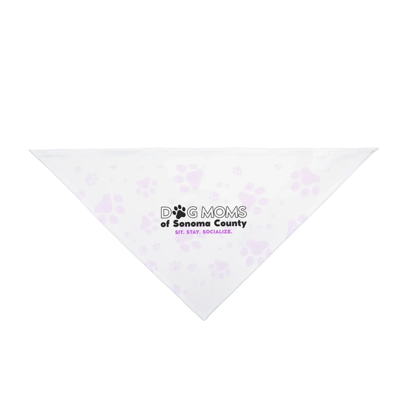 White triangular dog bandana with pale pink paw prints and “Dog Moms of Sonoma County” logo