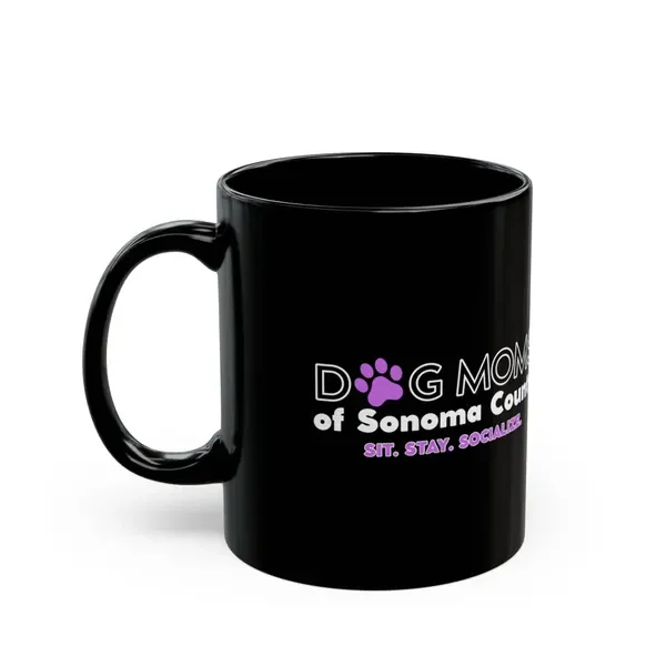 black coffee mug that reads. dog moms of Sonoma County
