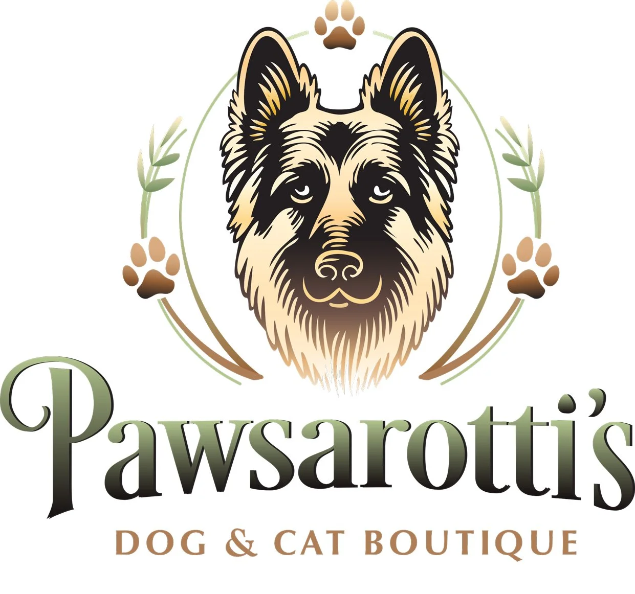 a german shepherd and the words pawsarotti's dog and cat boutique