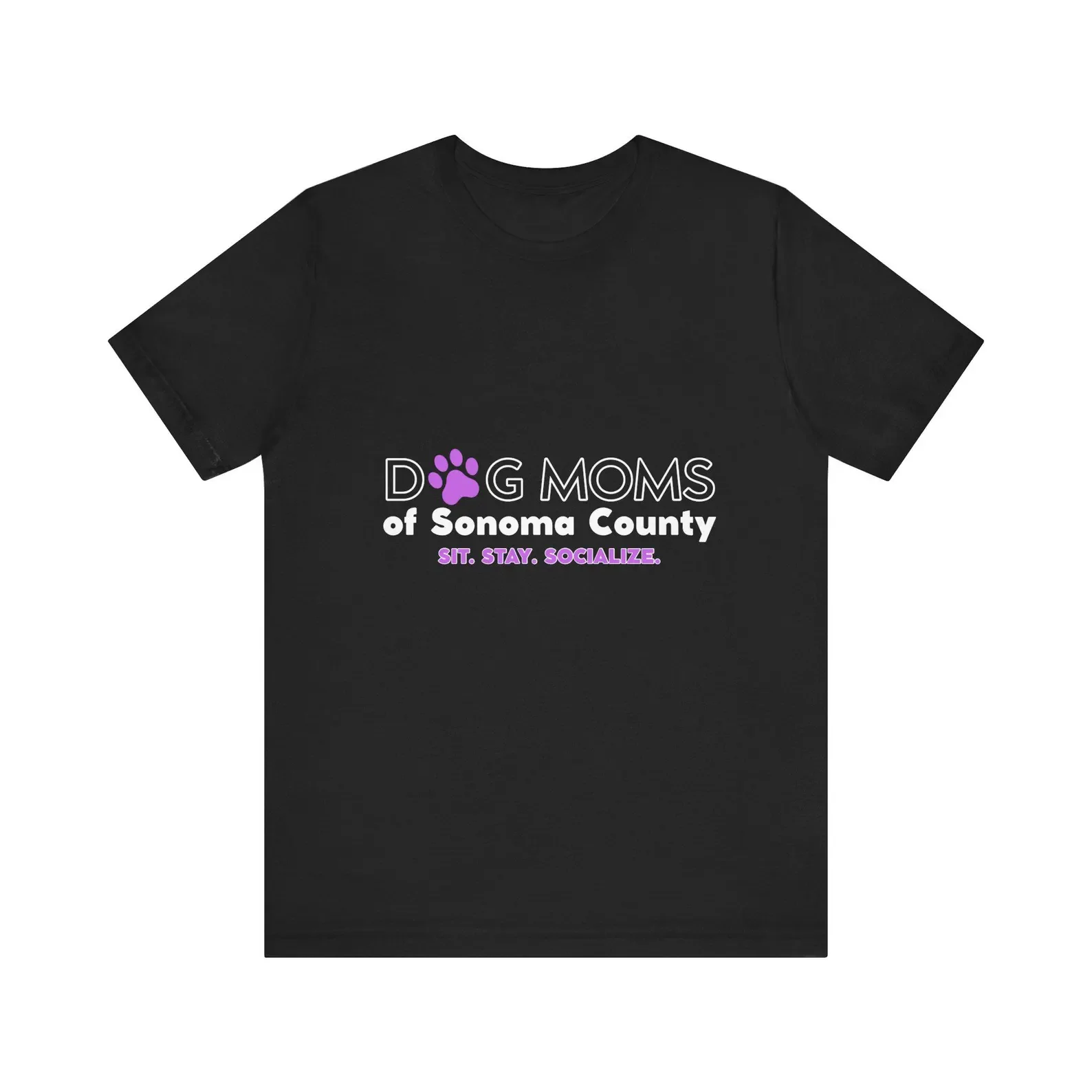 Black Dog Moms of Sonoma County T-shirt with purple paw print and “Sit. Stay. Socialize.” slogan