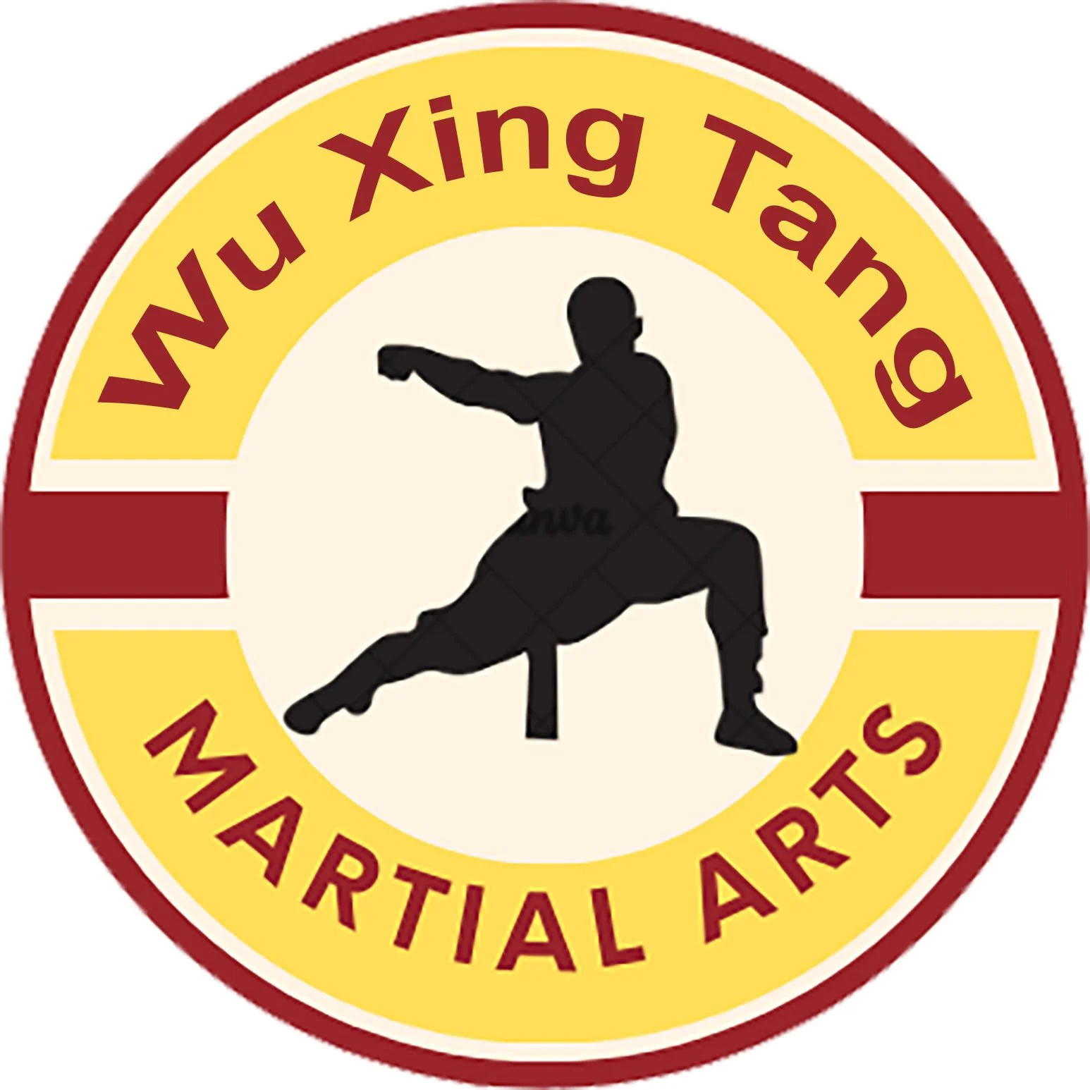 Martial arts academy logo featuring a black silhouette of two performers executing a side punch in front of a yellow and red circular background with text reading "Wu Xing Tang Martial Arts".