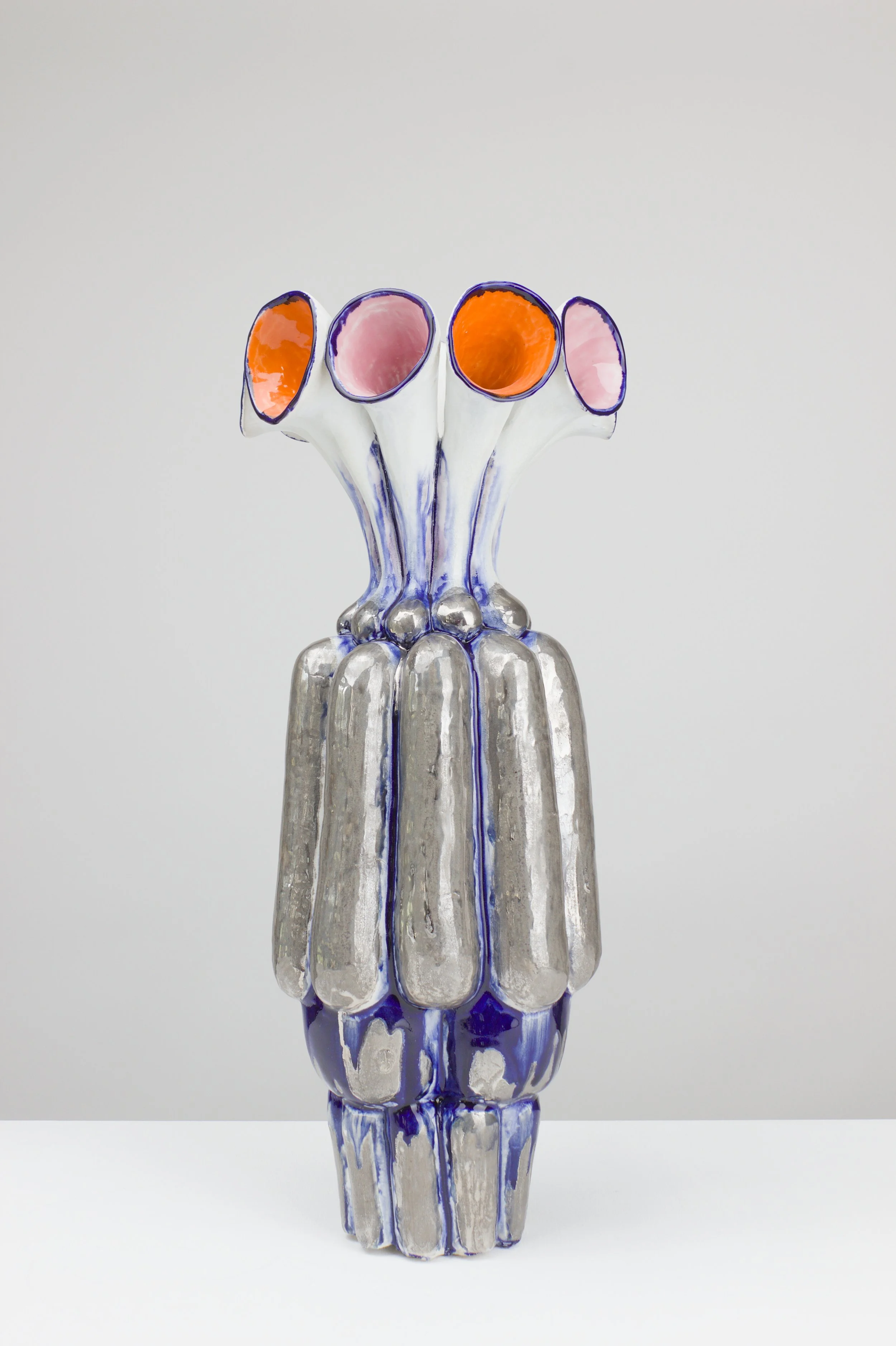 Blechspielinstrument, 2026. White clay, engobe, glaze, platinum. 59x22x18cm