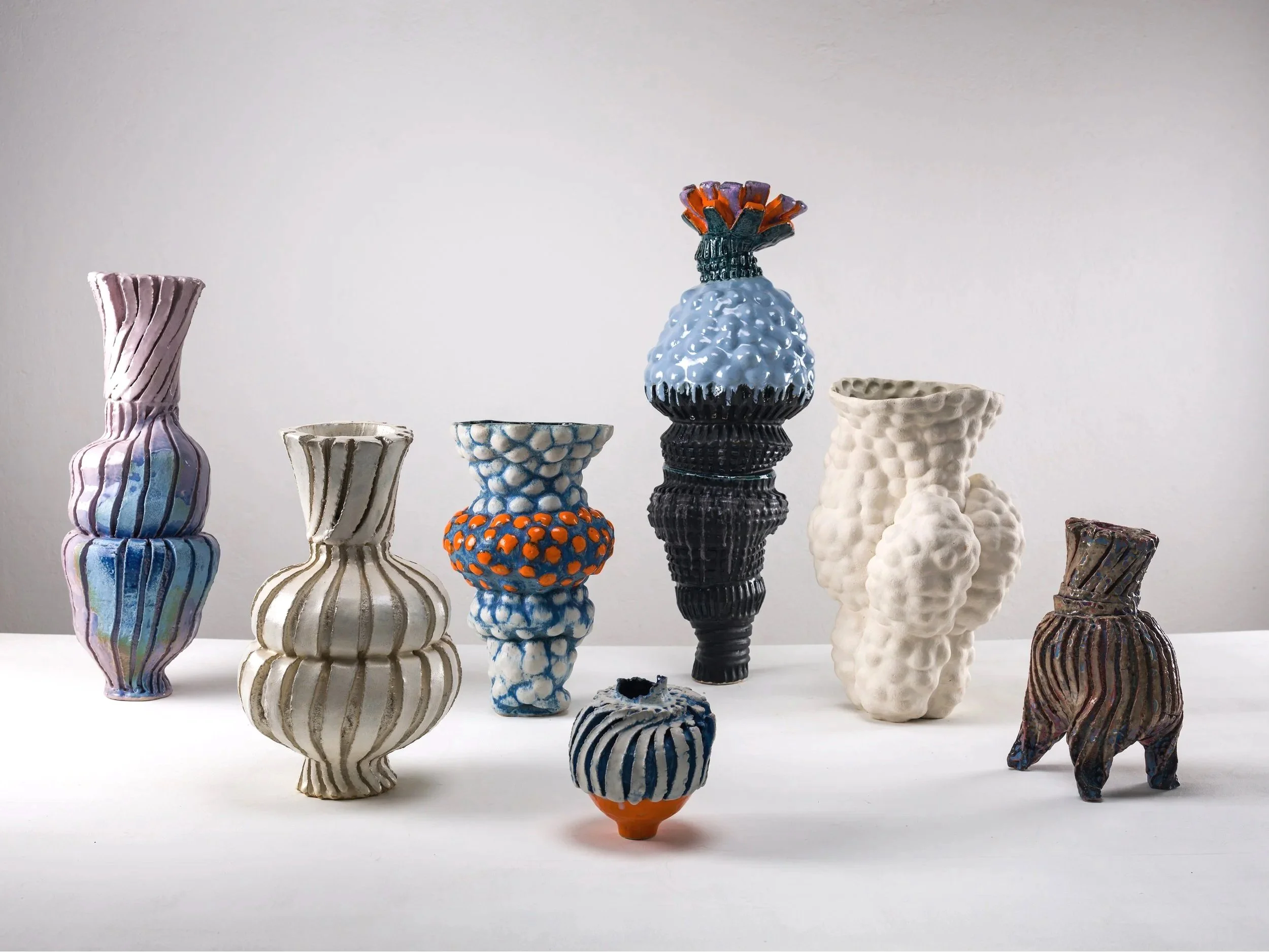 Various works, 2021. White clay, engobe, glaze. Various sizes.  (Photo: Alexander Burzik)