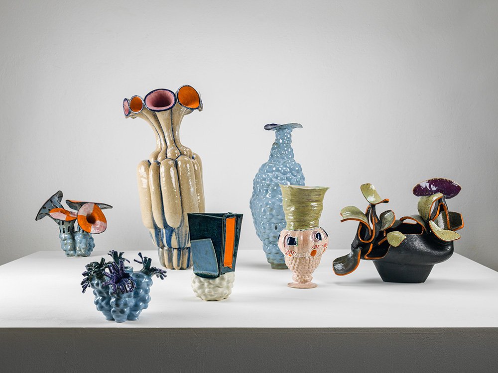 Various works, 2022. White clay, engobe, glaze. various sizes. (Photo: Alexander Burzik)