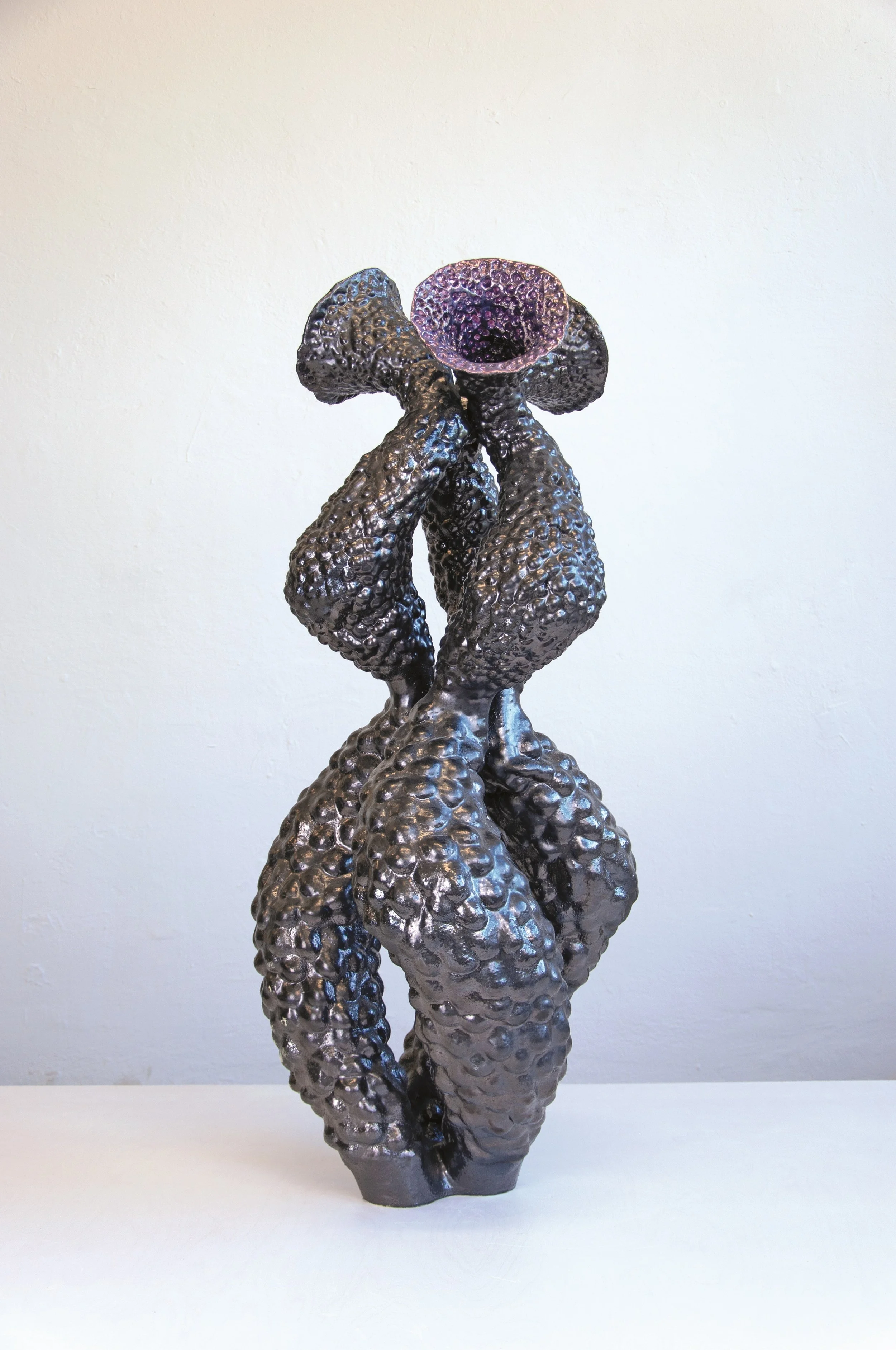 sonic swirl (black), 2024. White clay, engobe, lustre. 90x55x57cm