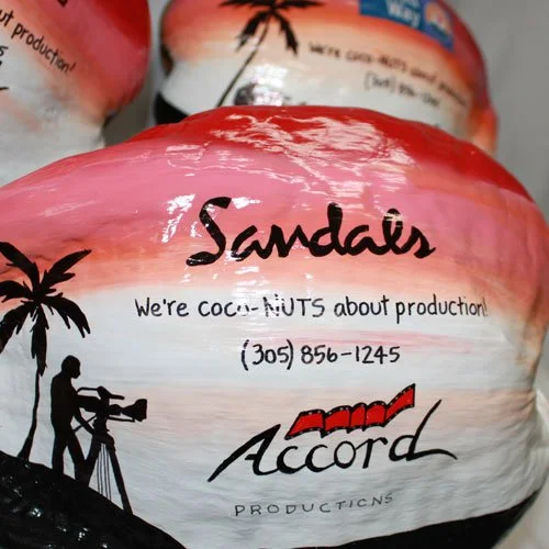 Accord Productions sent these painted real coconuts as a follow up advertising piece.