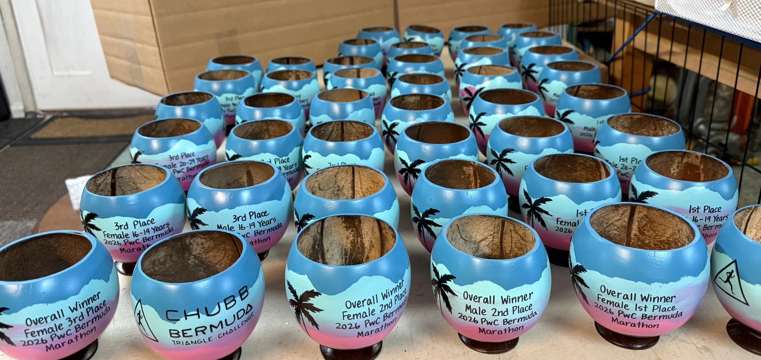Painted Coconuts for unique marathon and race trophies