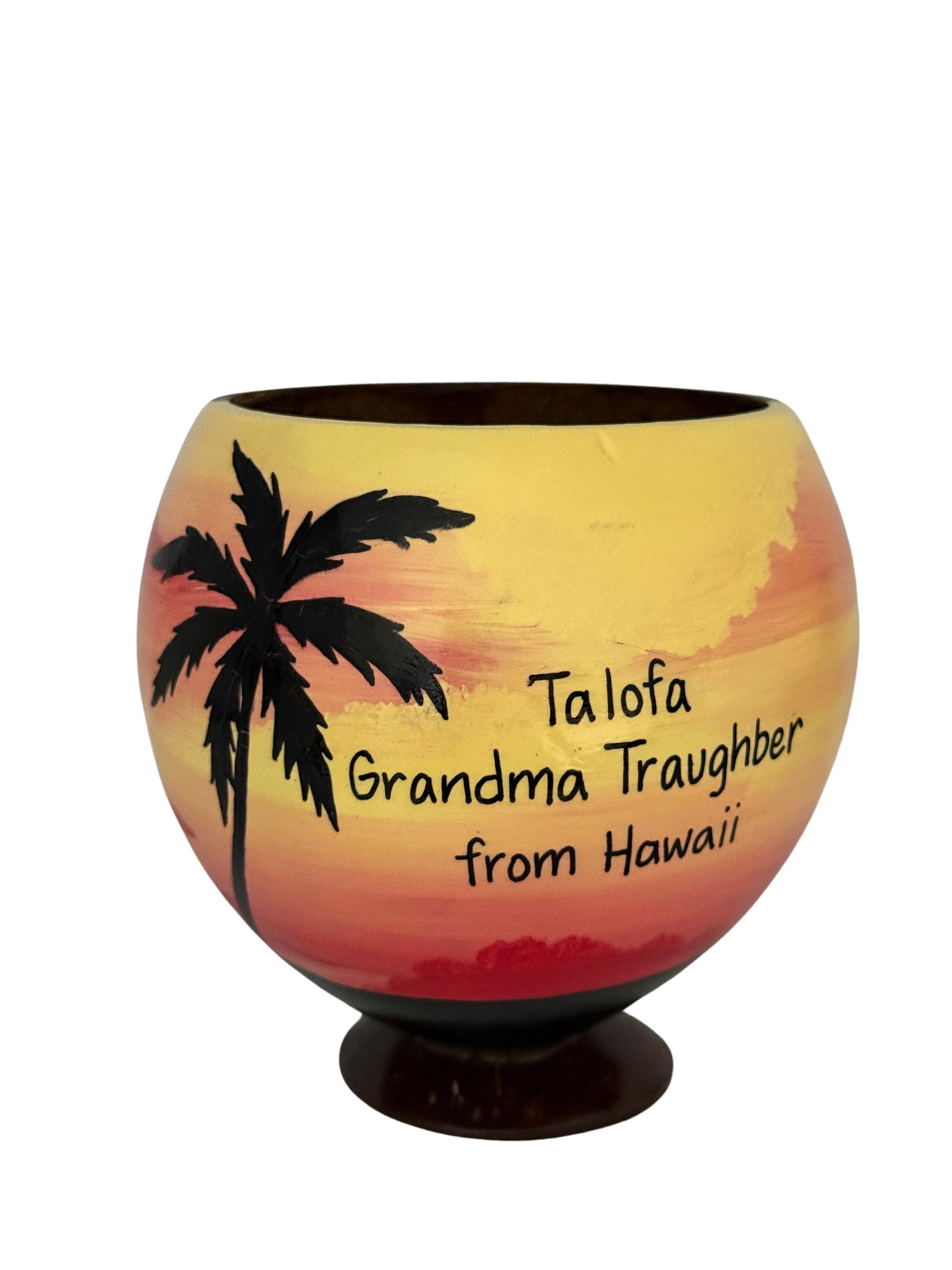 Give a memorable gift in a genuine coconut cup personalized with a name, message or custom design. Coconut Greetings creates hand-painted coconut cups for birthday