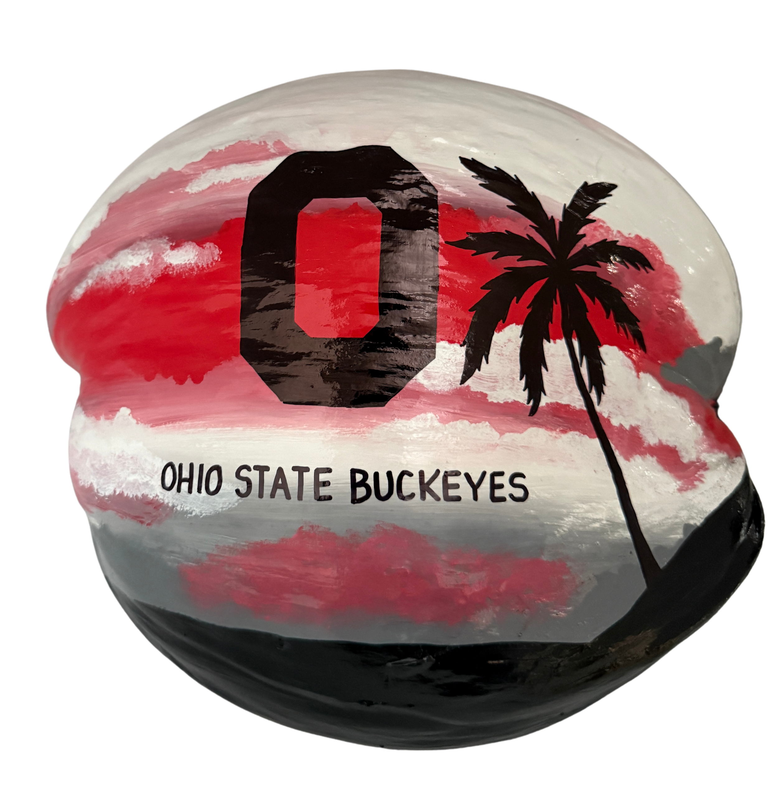 Hand-painted coconut with the Ohio State Buckeye logo. An unique canvas for the vibrant college colors to celebrate your pride. Customize with your favorite team.