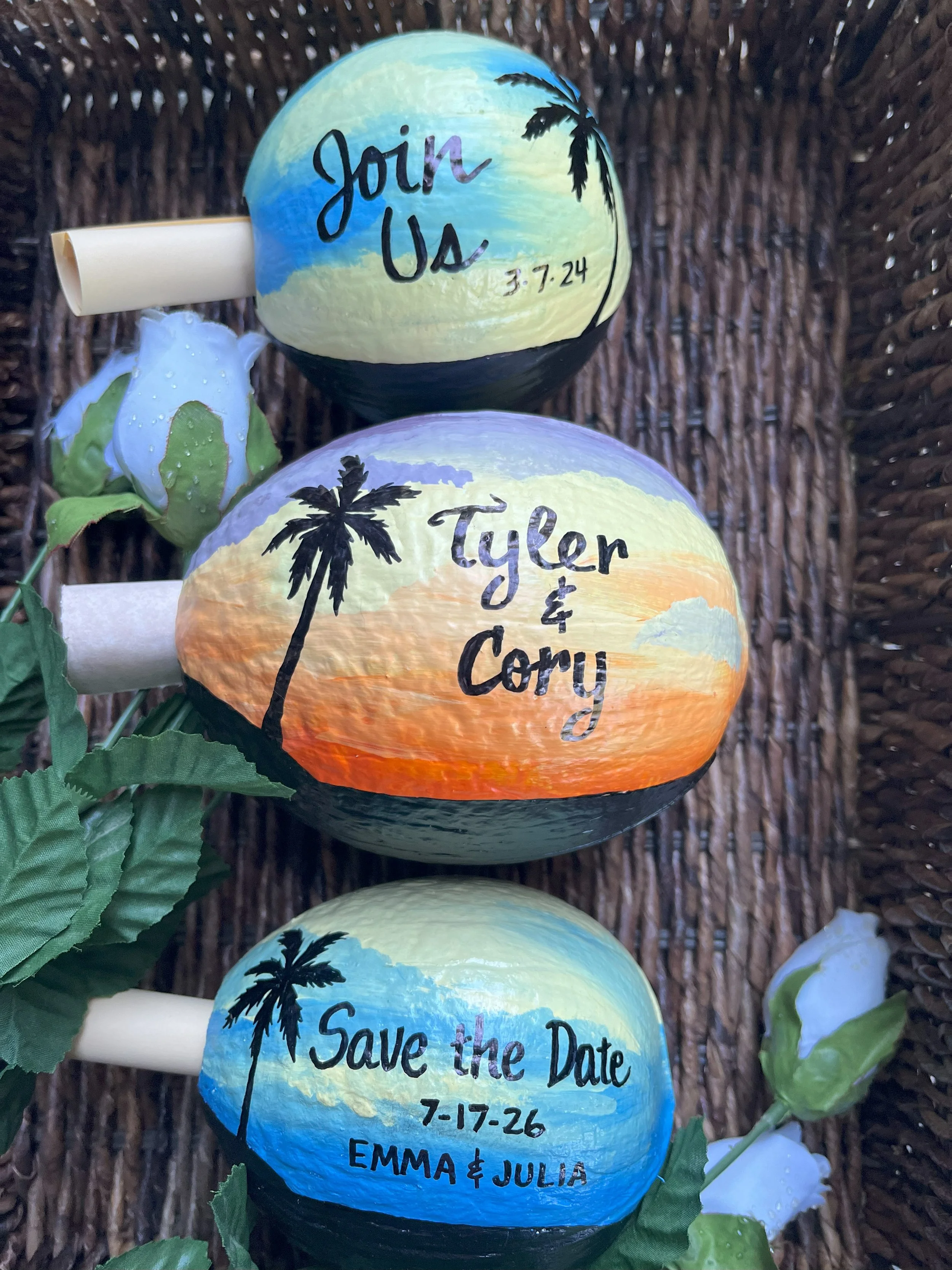 custom painted coconuts for weddings and announcements