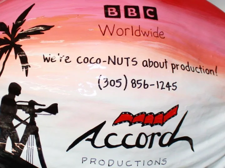 We have had a few direct mail projects with Accord Productions. Each coconut is customized with a unique message and the recipient's company logo. These coconuts will remain on display - not thrown away like other marketing pieces.