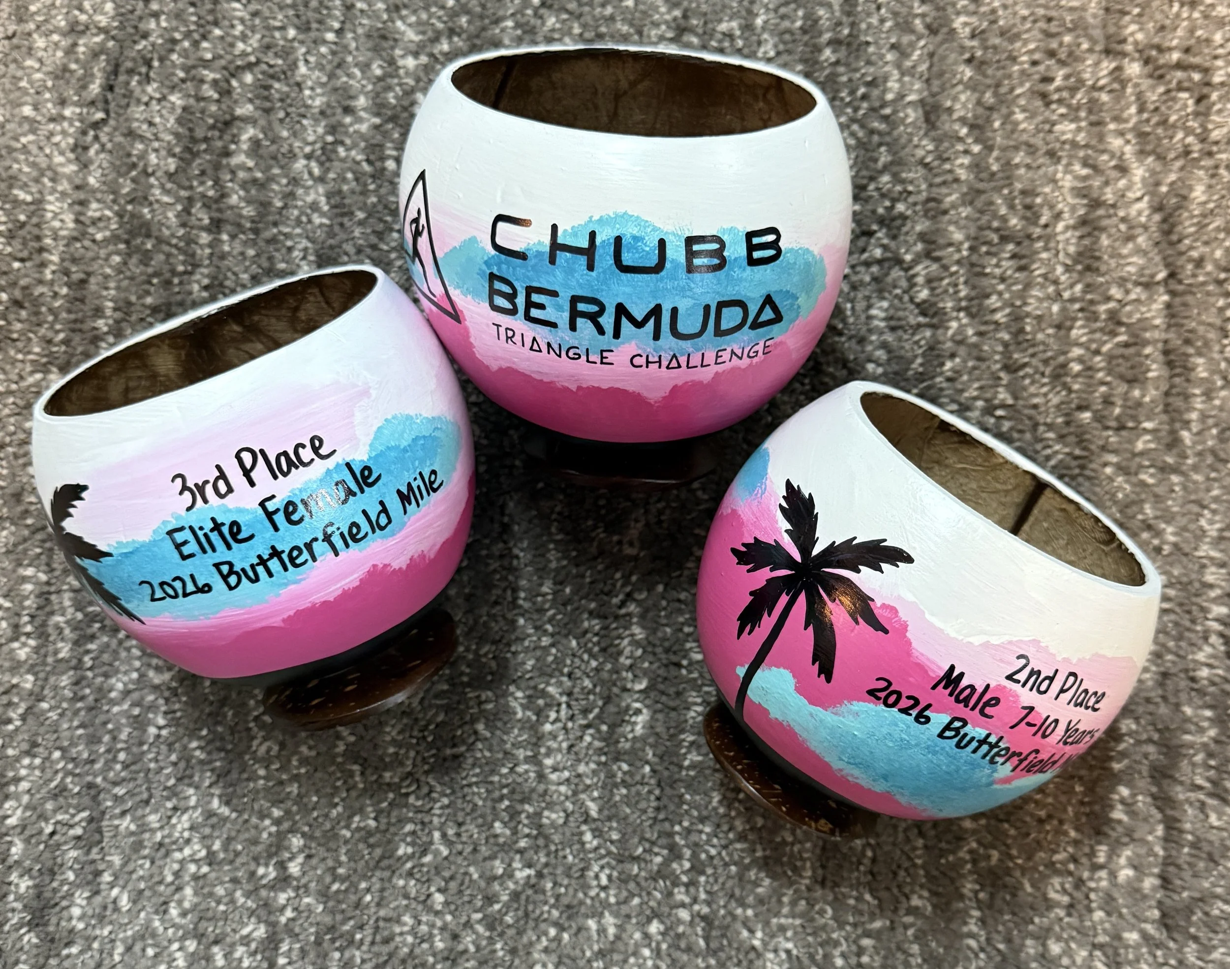 Sustainable trophy painted coconut cups made for the Chubb Bermuda Race series winners