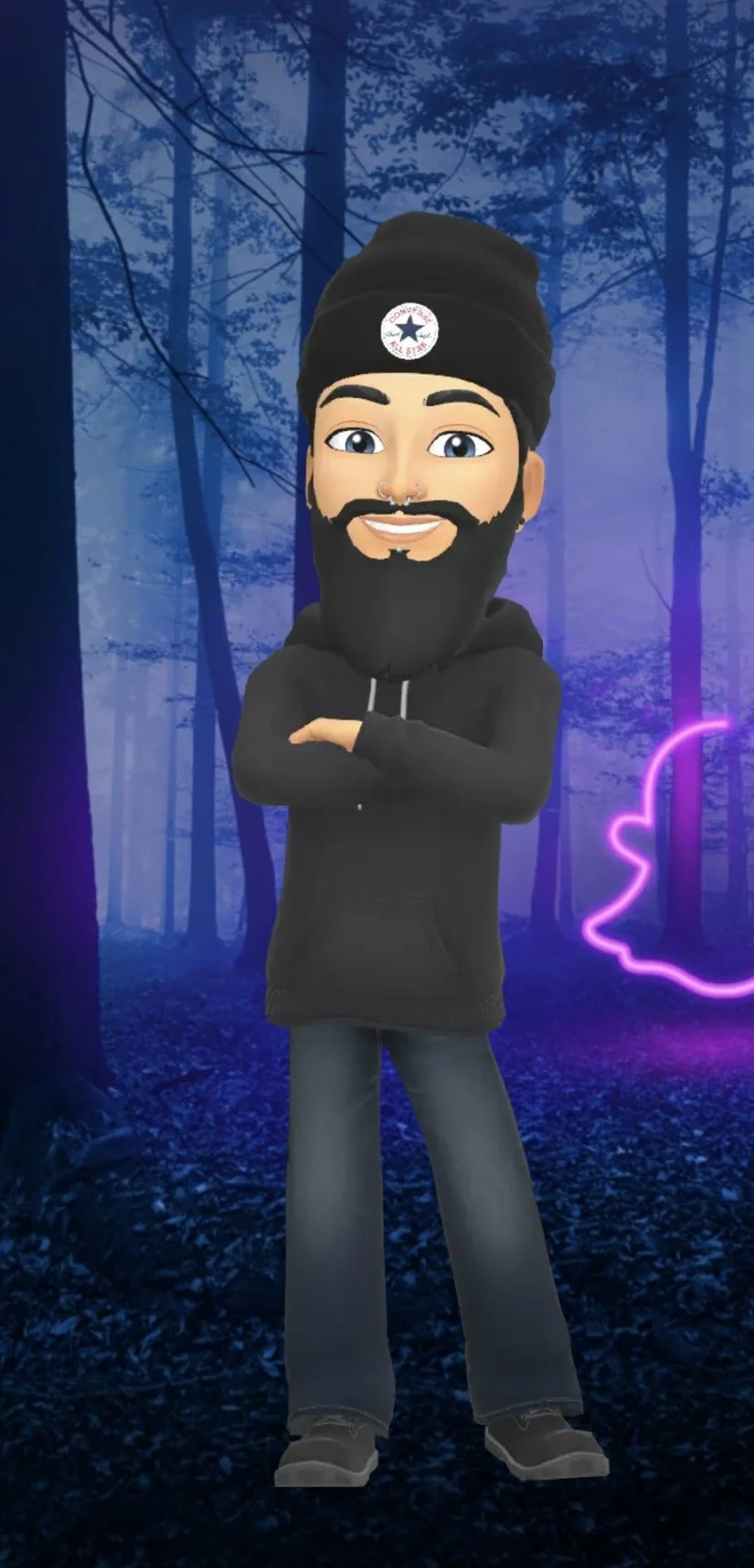 Cartoon avatar of a man with a beard, wearing a black beanie with a Converse logo, a black hoodie, and jeans, standing in a dark forest with blue and purple lighting and a neon pink outline of a thumb's up.