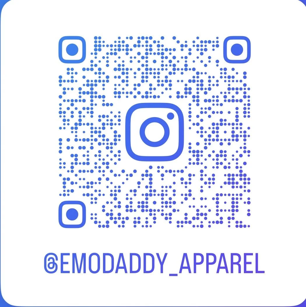 QR code with the Instagram handle '@EMODADDY_APPAREL' below it.